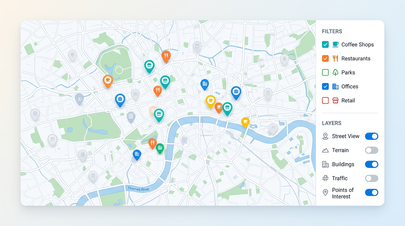 A map of pins with a side panel of filter checkboxes and a toggle list of layers, with some pins faded out by the active filter.