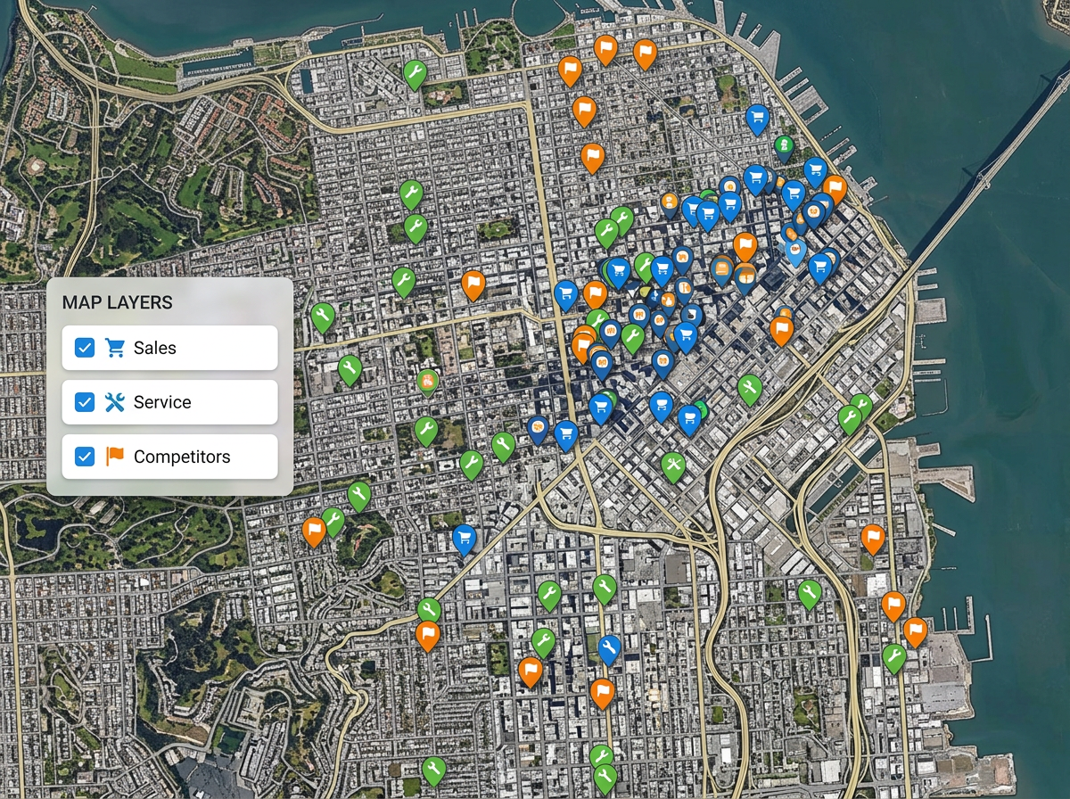 A map with three toggle layers labeled Sales, Service, and Competitors with checkboxes on the side and pins from each layer visible.