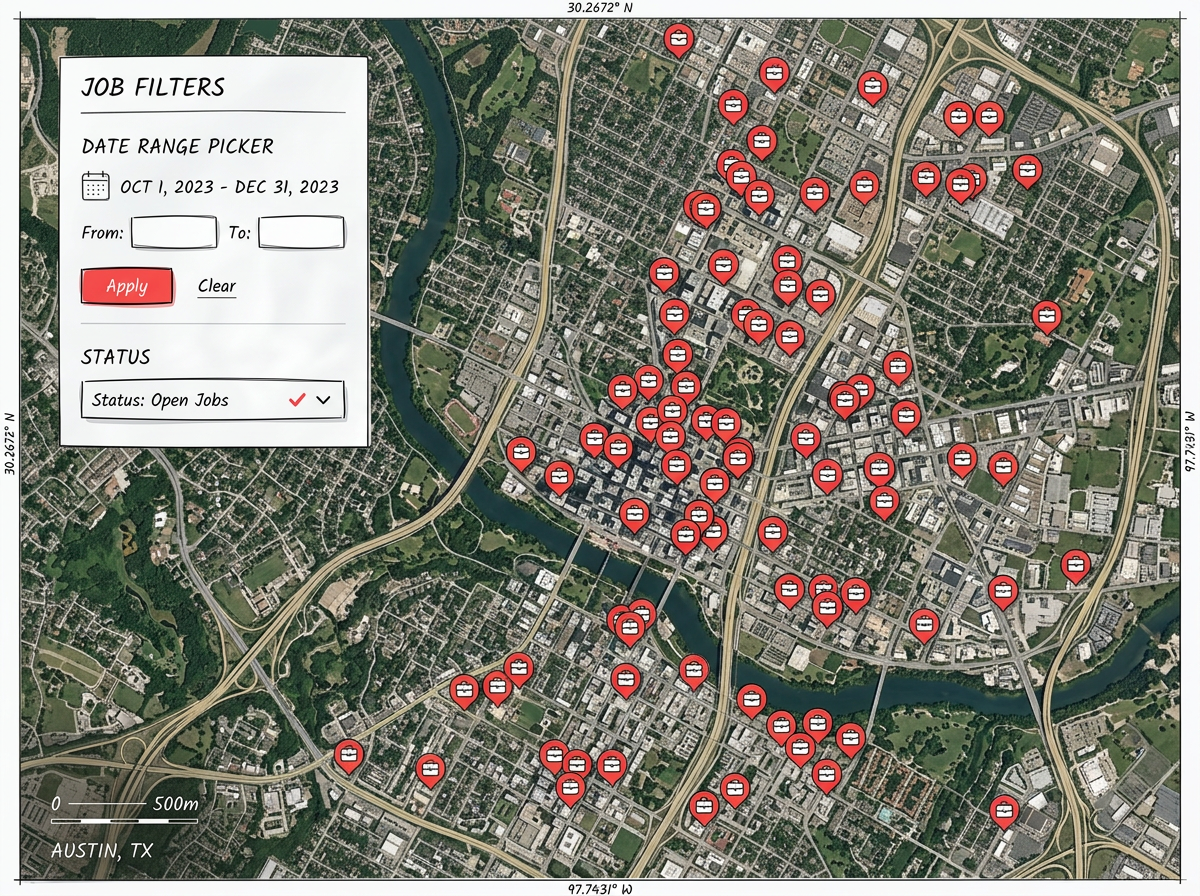 A map of job pins filtered to show only open jobs in red, with a date range picker and a status dropdown on the side.