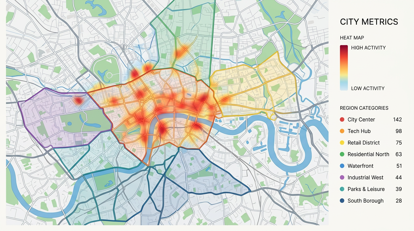 A map with a heatmap layer over a city, colored region polygons, and a side panel showing the legend and a count by category.