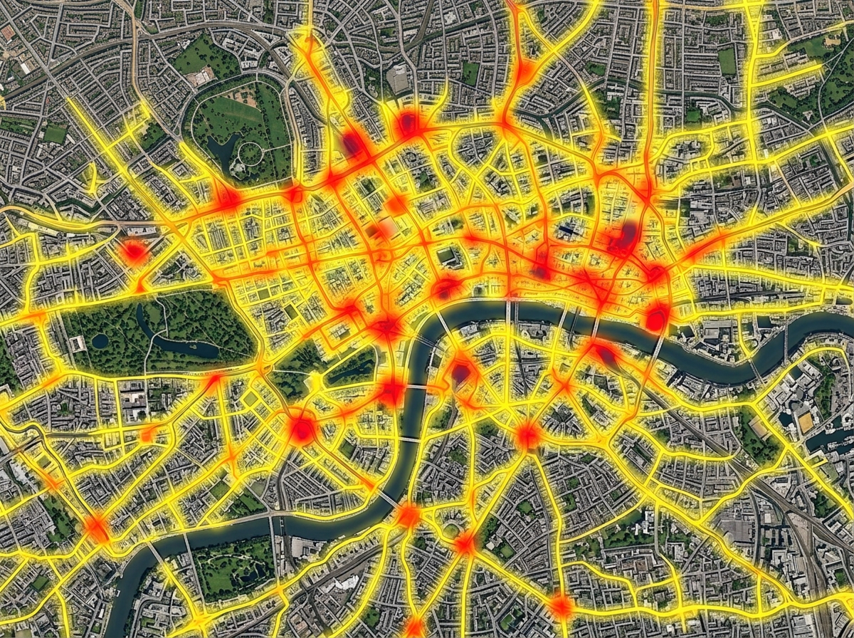 A heatmap over a city showing activity hot spots in red and yellow against a clean street base map.