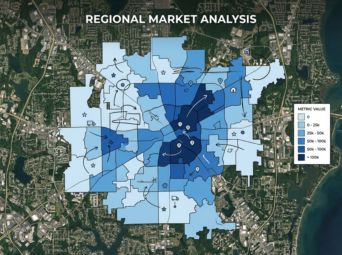 A regional choropleth map with zip code areas filled in shades of blue from light to dark and a legend on the side.