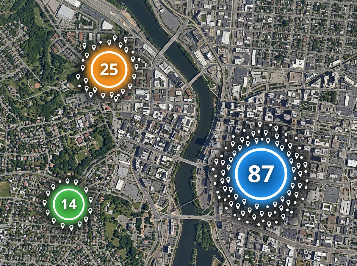 A map with circular cluster markers showing pin counts of 25, 87, and 14 in different parts of the city.