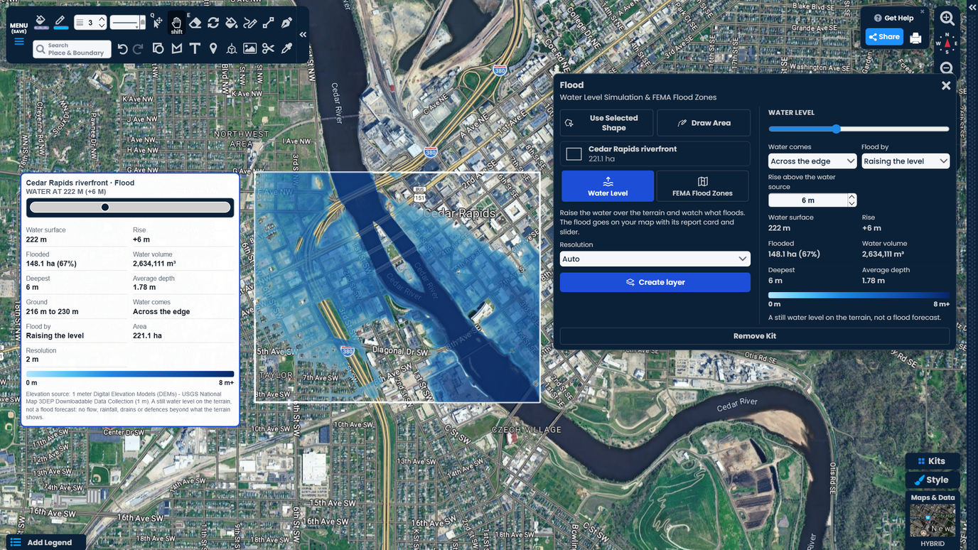 The Scribble Maps Flood kit with the water raised 6 m over downtown Cedar Rapids, Iowa: the flooded ground in blue, a report card with a slider on the map, and the water level, flooded area and depths in the kit panel.