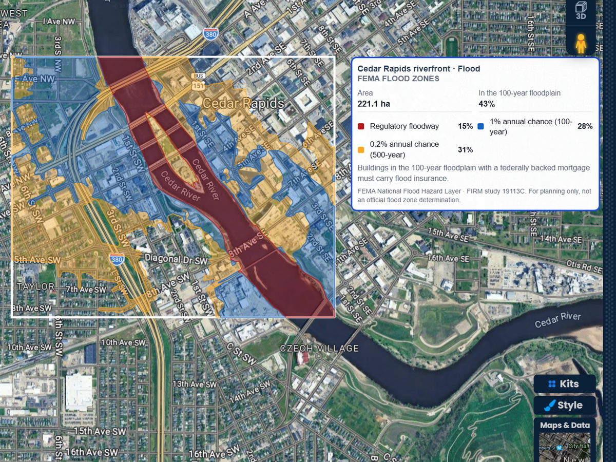 FEMA flood zones along the Cedar River in Cedar Rapids, Iowa: the regulatory floodway in red, the 1% annual chance floodplain in blue and the 0.2% floodplain in orange, with a report card showing 43% of the area in the 100-year floodplain.