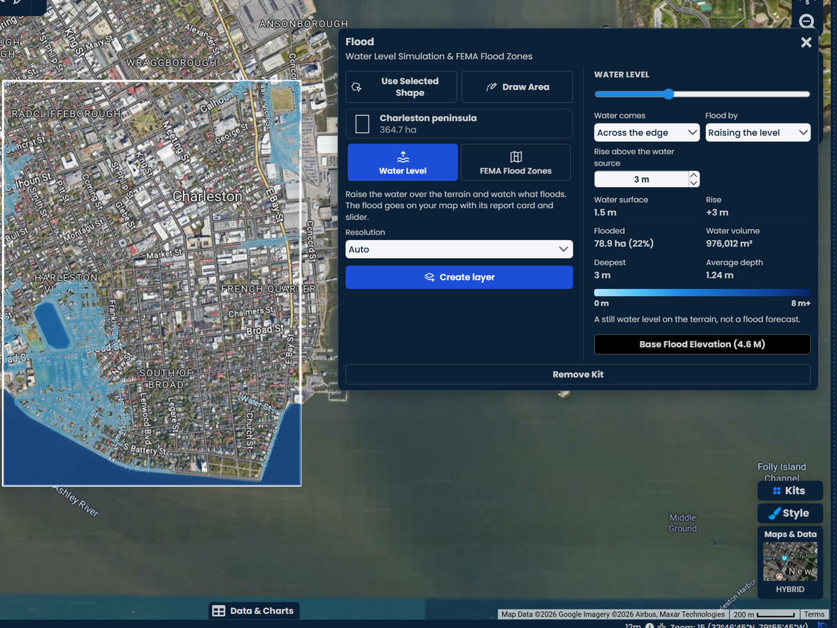 Charleston, South Carolina with the water raised 3 m in the Scribble Maps Flood kit: the low streets near the Ashley River flooded in blue, and the water surface, flooded area, volume and depths in the kit panel.