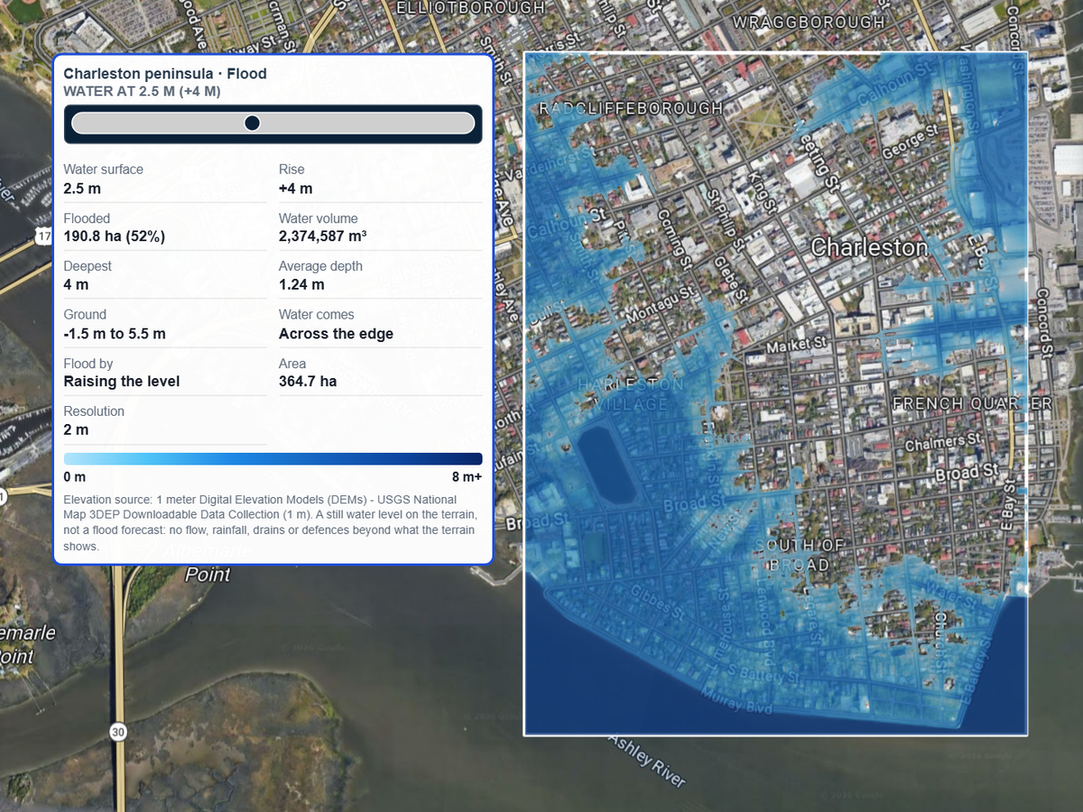 The Charleston peninsula with water raised 4 m across the edge of the area, about half of it flooded, and the report card with its slider on the map.