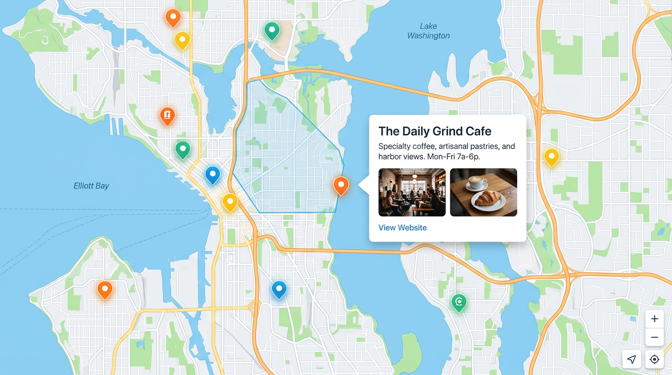 An interactive map open in a browser with custom pins, a polygon, a popup card showing photos and a link, and pan and zoom controls.