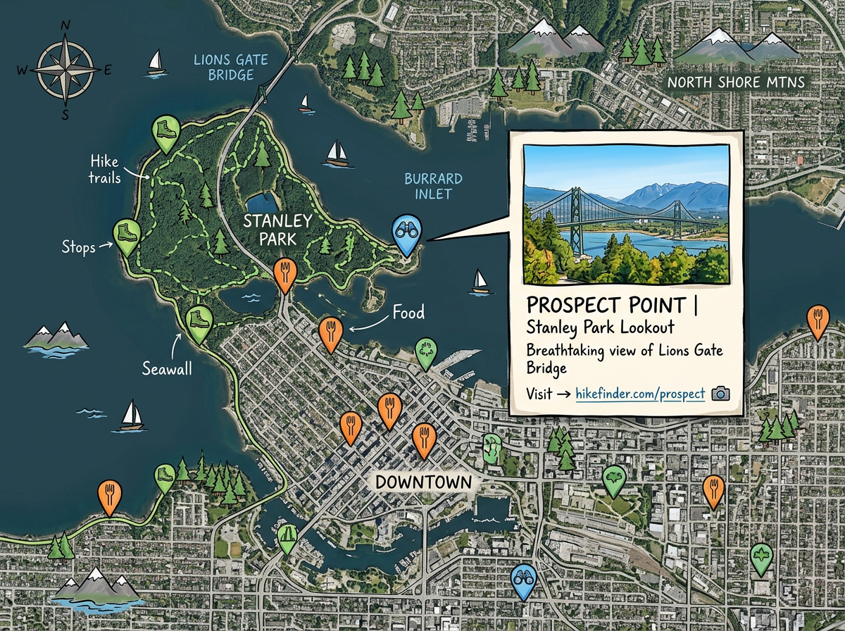 An interactive city map with food, hike, and viewpoint pins. A popup shows a photo and a website link for one of the stops.