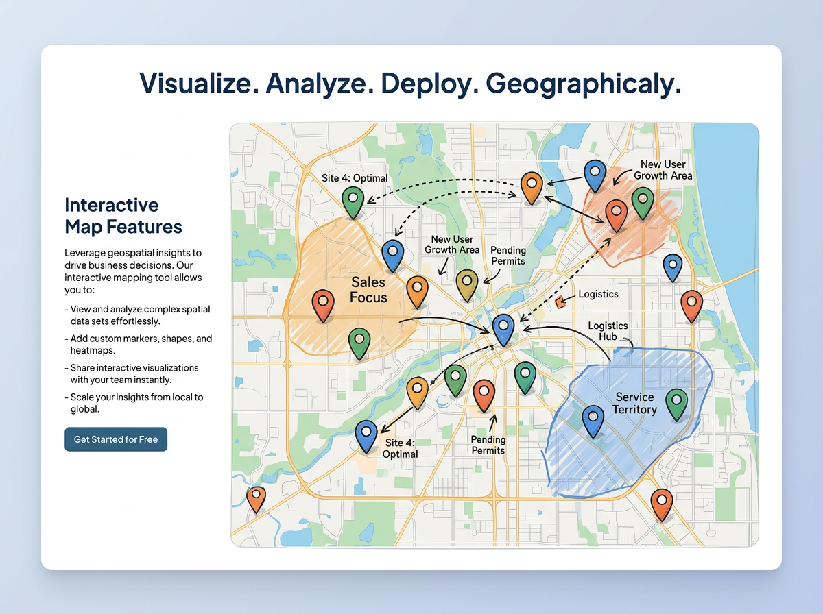 A web page with an embedded interactive map showing pins. The page has a headline above the map and text on the side.