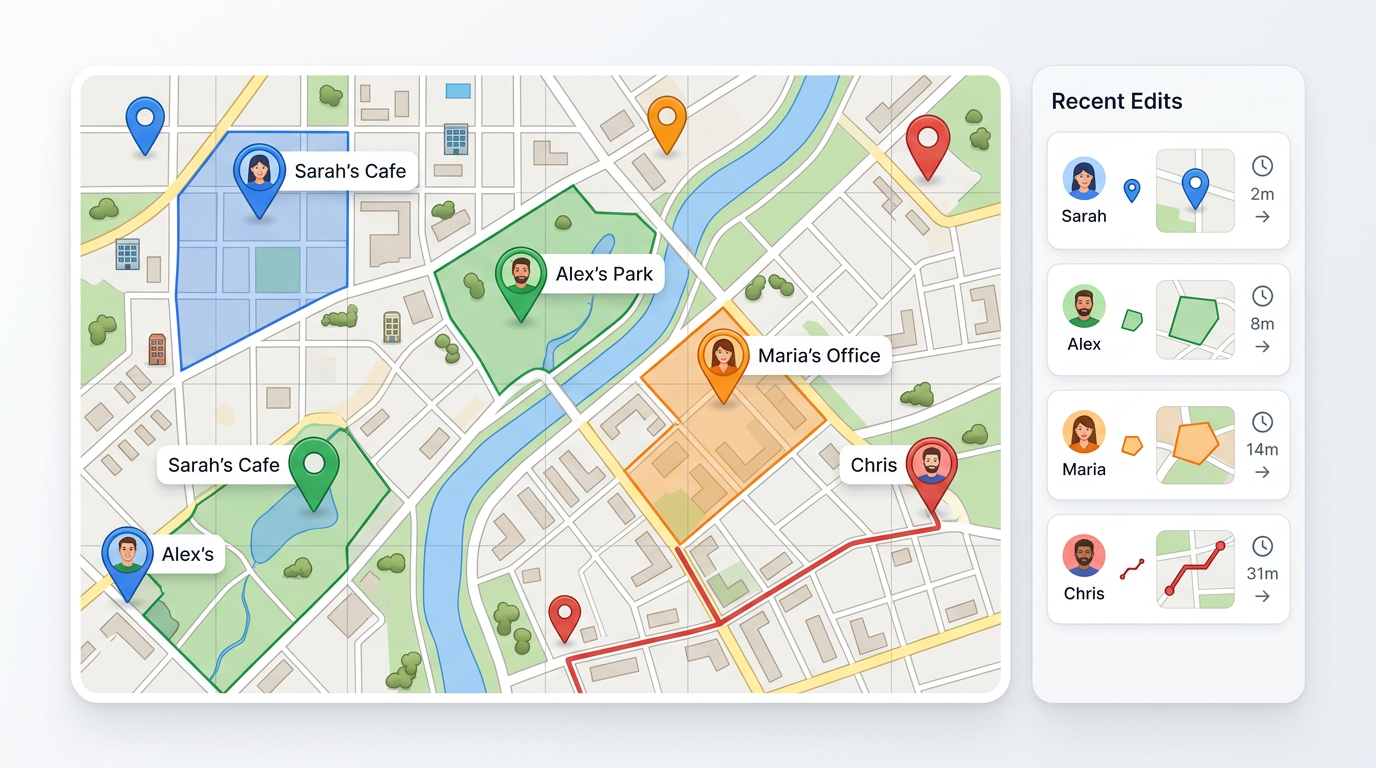 A collaborative map with pins and shapes added by multiple users, labeled with their names, and a sidebar listing recent edits.