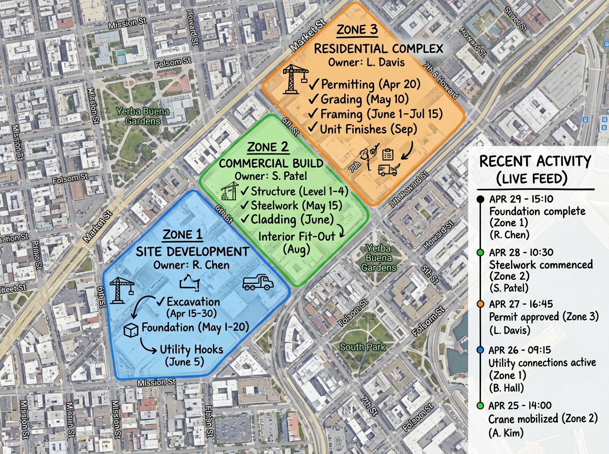 A project planning map with three colored zones, owner labels, and a recent edit feed on the side.