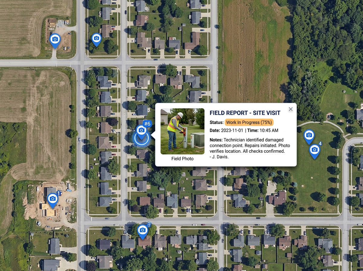 A field report map with photo pins added from a phone, plus a popup showing a photo and a status note.