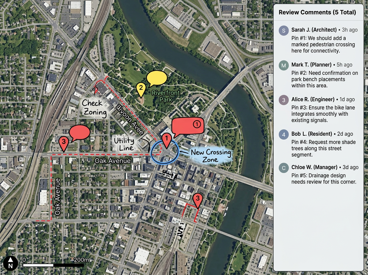 A draft map with comment markers attached to pins and a side panel listing review comments by reviewer.