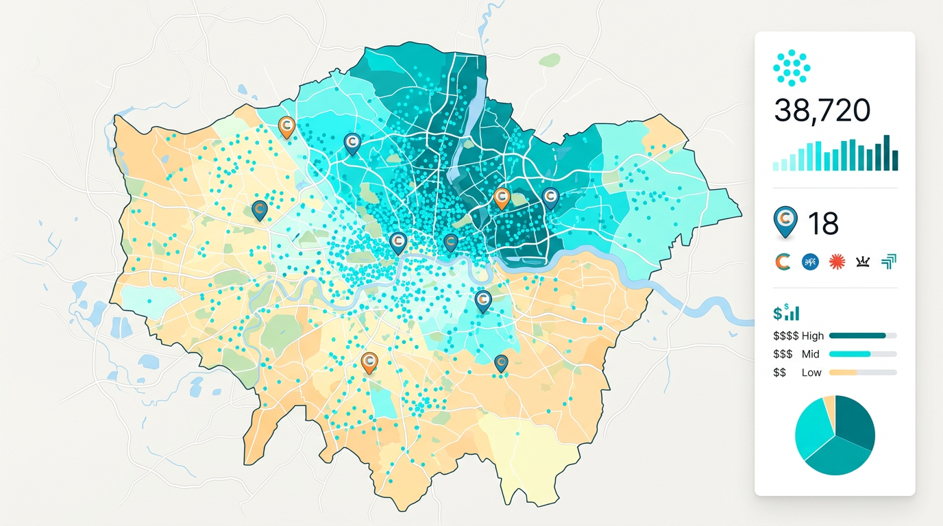 A market analysis map with customer dots, competitor pins, a region fill colored by income, and a side panel with totals.