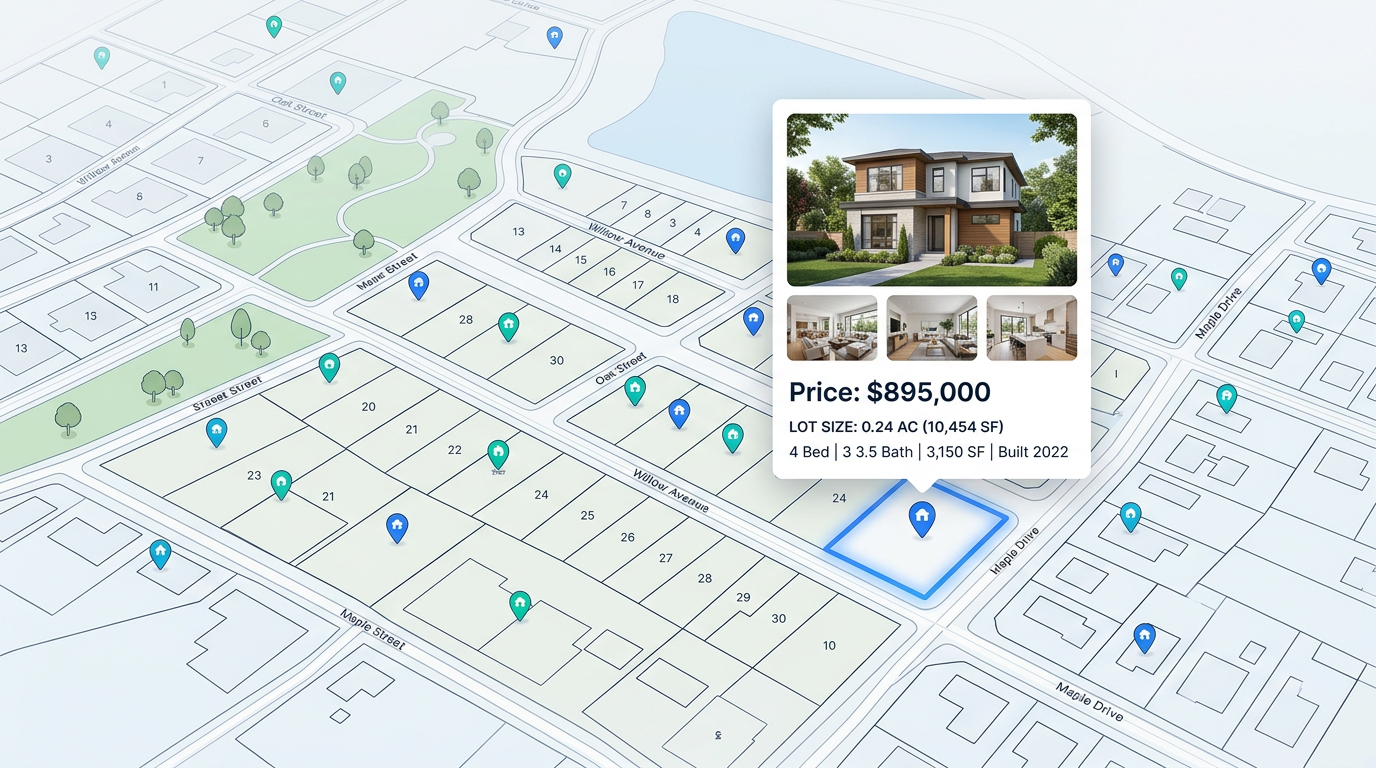 A property map with parcel outlines, listing pins, and a popup showing photos, price, and lot size for one property.