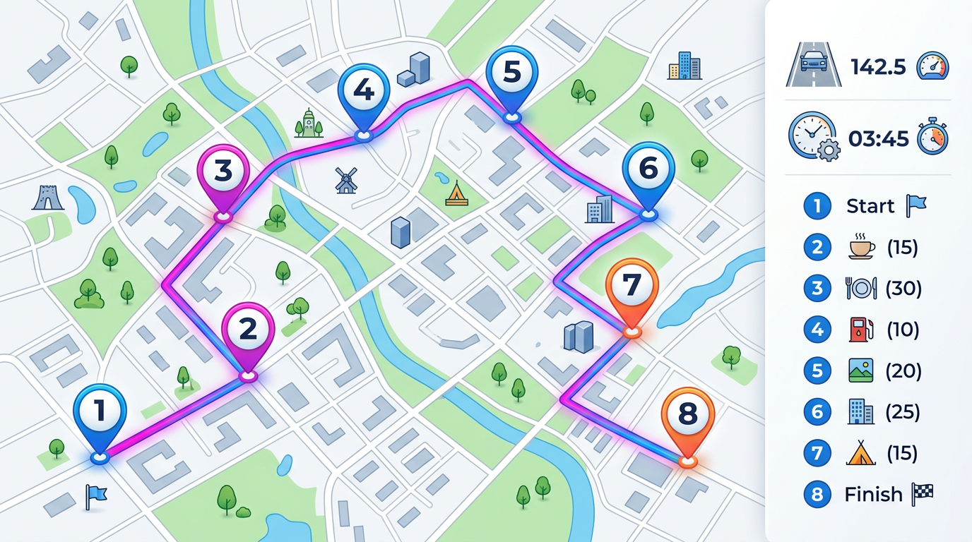A route plan on a map with eight numbered pins and a colored line connecting them in order, plus a side panel showing total distance and stop times.