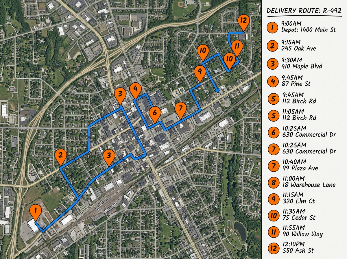A delivery route map with twelve numbered stops, a connecting line, and a sidebar listing each address.