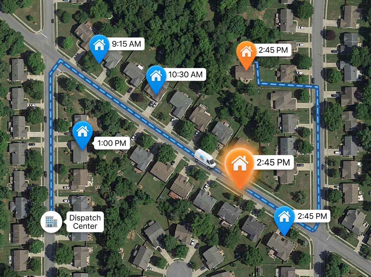 A service callout map with house and building icons connected by a route line and arrival time labels.