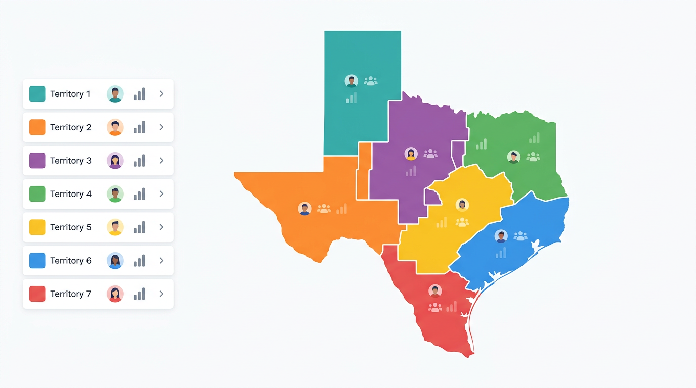 A territory map of a state divided into colored zones with rep names, account counts, and a sidebar listing each territory.