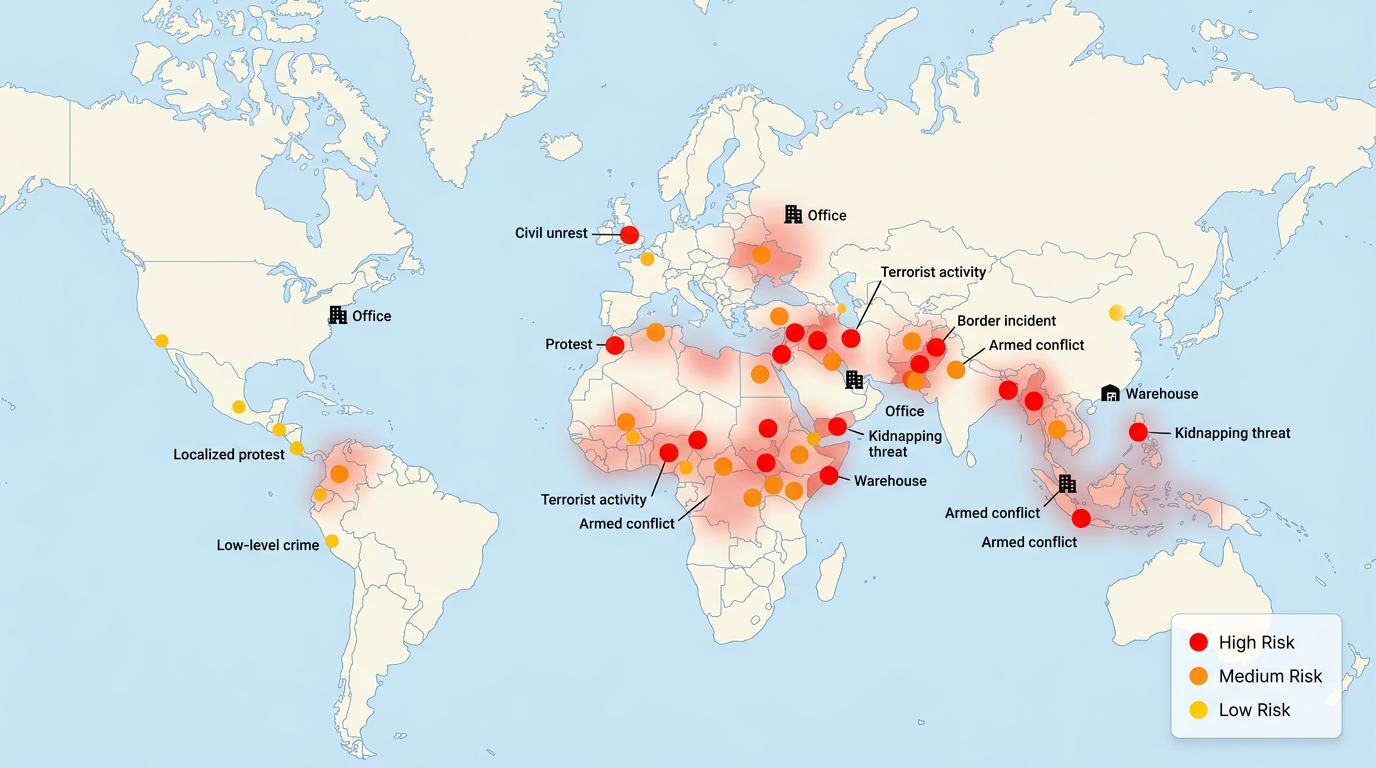 A security risk briefing map on a clean world basemap. Red and orange circular risk markers cluster over several regions to show high and medium threat levels, with smaller yellow markers for low-level events. Each marker has a short black label such as 'Civil unrest', 'Protest', and 'Border incident'. A few facility markers shown as small black building icons labeled 'Office' and 'Warehouse' sit near the risk clusters. Soft shaded heat zones in translucent red sit under the densest clusters. A simple legend box in the corner lists High, Medium, and Low risk with matching colored dots. Flat 2D top-down vector style, clear labels, no 3D shading, no decorative shapes.