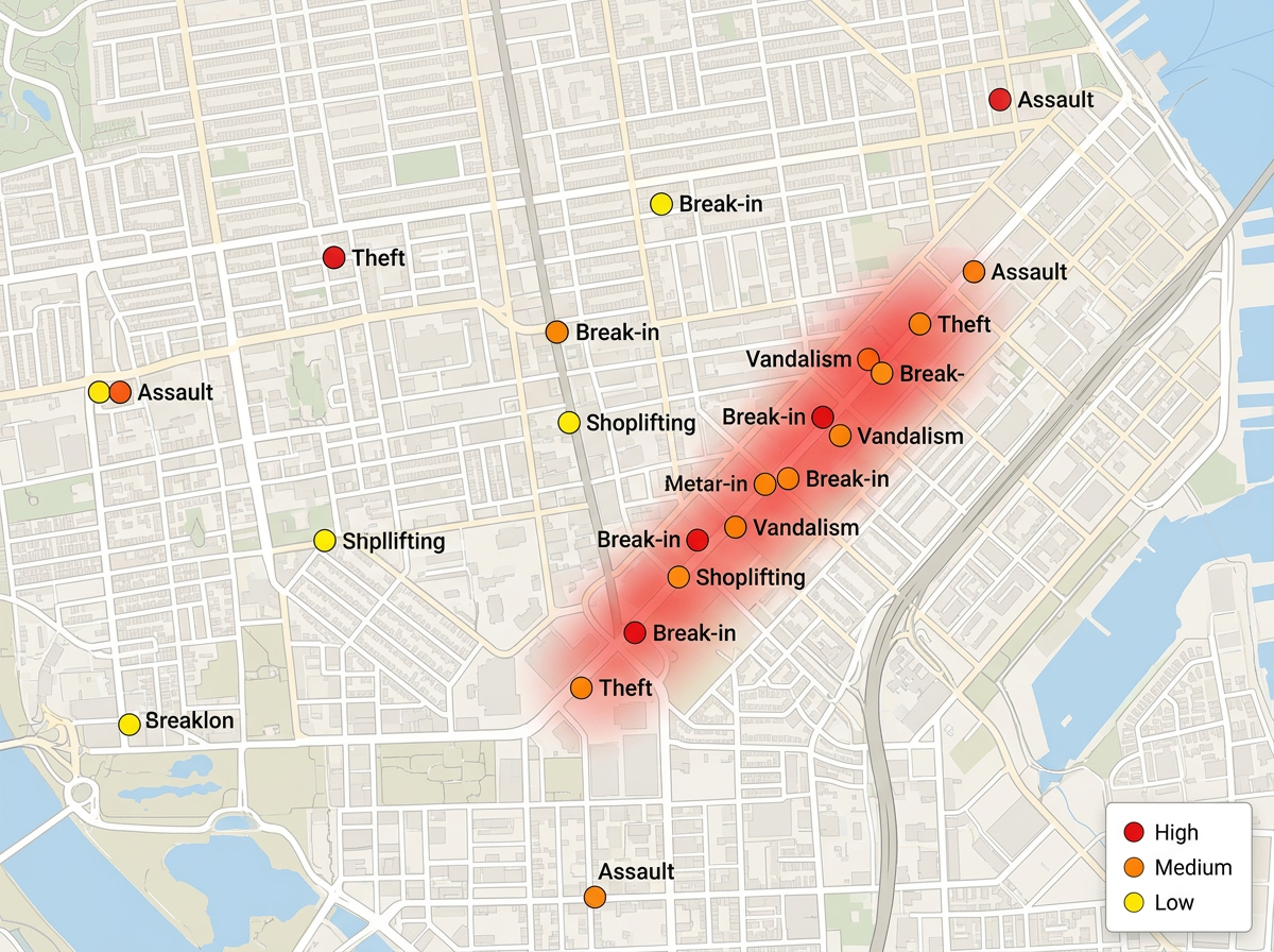 An incident map on a clean city street basemap. Round markers in red, orange, and yellow mark incidents by severity, each with a short black label such as 'Theft', 'Assault', and 'Vandalism'. Several markers cluster along one corridor with a translucent red heat zone underneath to show a hotspot. A small legend box lists High, Medium, and Low with matching colored dots. Flat 2D top-down vector style, clear labels, no 3D shading, no decorative shapes.