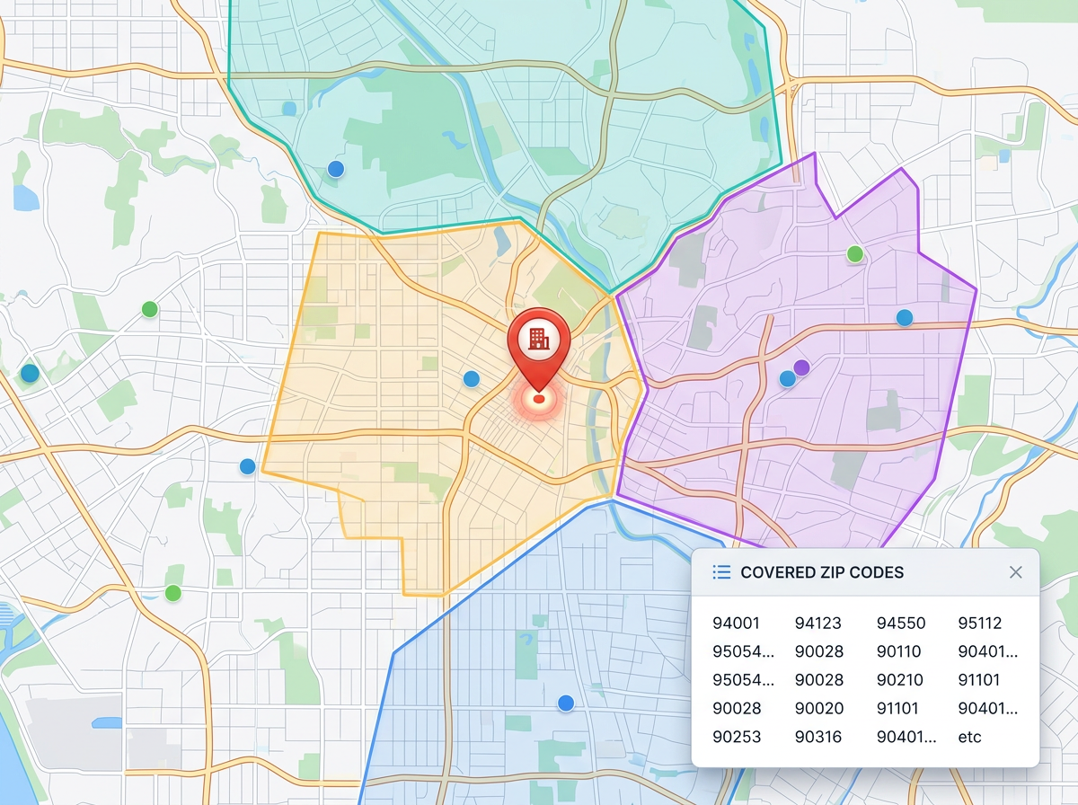 A home service coverage map with branded zones, the head office pin, and a popup showing zip codes covered.