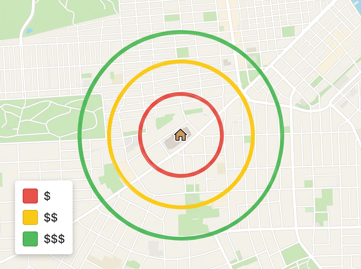 A delivery zone map with three colored rings around a warehouse representing fee tiers and a legend on the side.