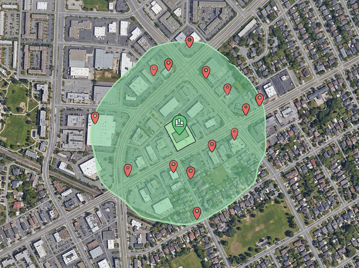 A map with one candidate site in green and competitor pins in red within a five minute drive radius.