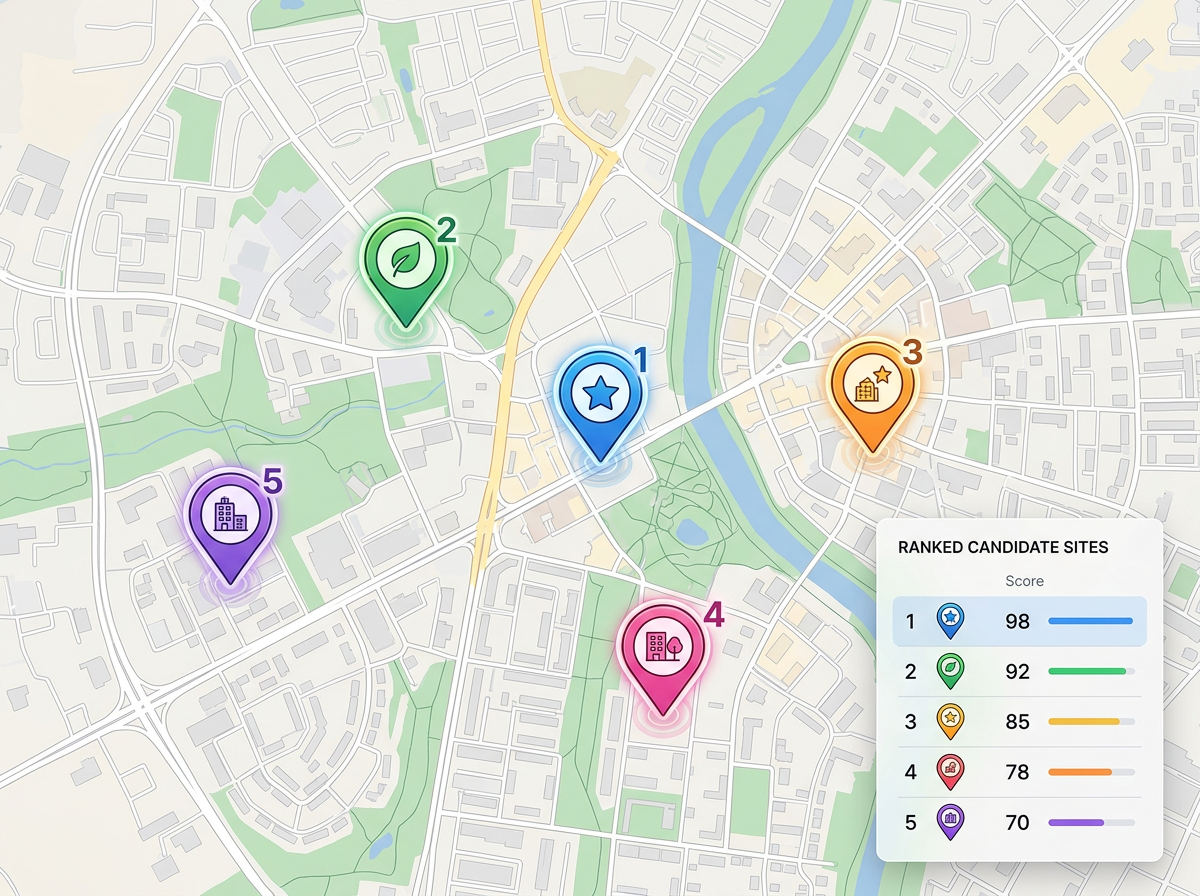 A map with five candidate site pins and a ranked list panel showing scores from highest to lowest.