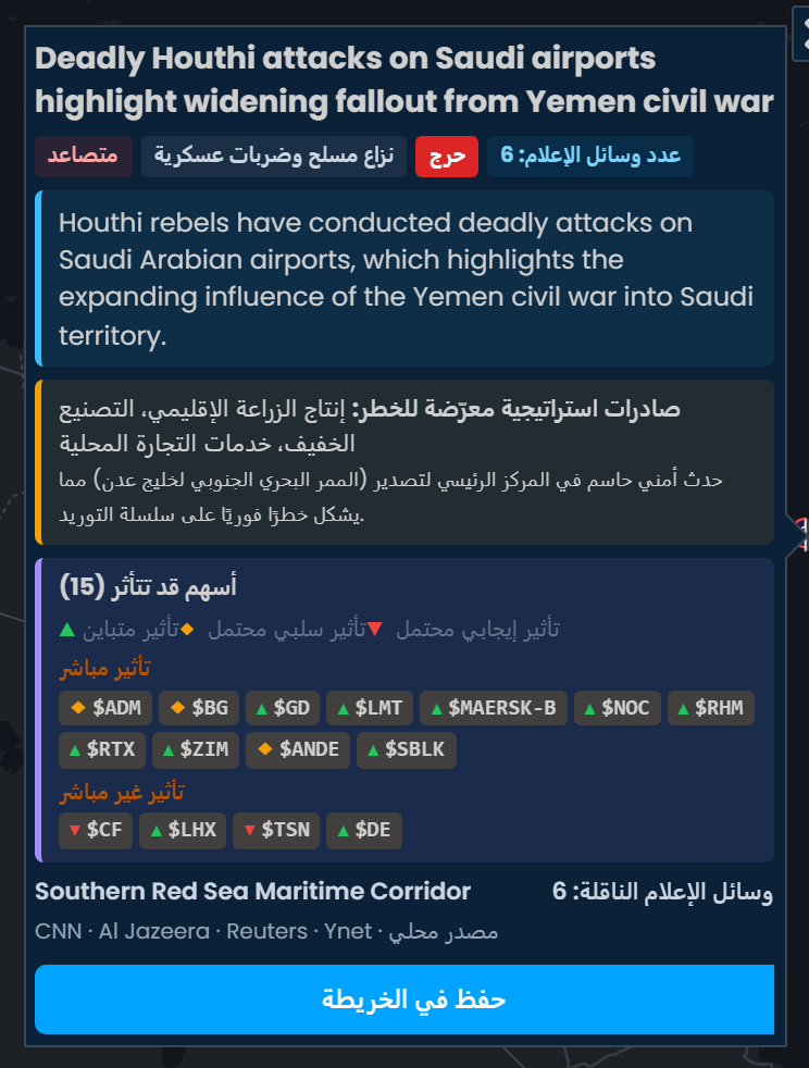 بطاقة حادث في Scribble Maps بعنوان هجمات حوثية دامية على مطارات سعودية، مصنّفة حرجة وأبلغت عنها 6 وسائل إعلام، تعرض الأسهم التي قد تتأثر، ومنها RTX وGD وLMT بعلامة «تأثير إيجابي محتمل».