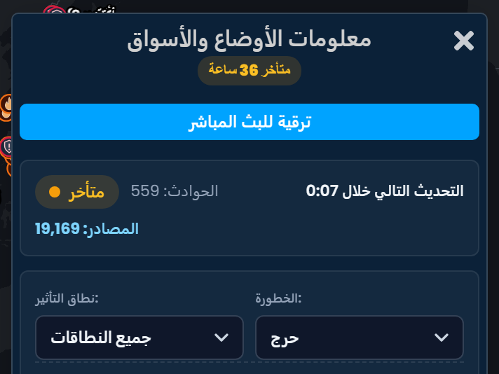 لوحة «معلومات الأوضاع والأسواق» في Scribble Maps بعلامة «متأخر 36 ساعة»، مع زر «ترقية للبث المباشر»، وعدد الحوادث والمصادر، وعوامل تصفية لنطاق التأثير والخطورة ونوع الحدث.