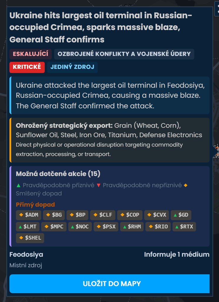 Karta incidentu ve Scribble Maps pro zásah Ukrajiny na největší ropný terminál na Rusy okupovaném Krymu, ohodnocená jako kritická, se seznamem možná dotčených akcií včetně MPC, PSX, BP a SHEL označených jako Smíšený dopad.