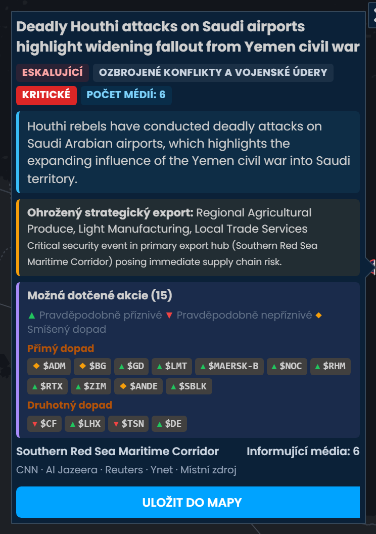 Karta incidentu ve Scribble Maps pro smrtící útoky Húsíů na saúdská letiště, ohodnocená jako kritická a nahlášená 6 médii, se seznamem možná dotčených akcií, kde jsou RTX, GD a LMT označeny jako Pravděpodobně příznivé.