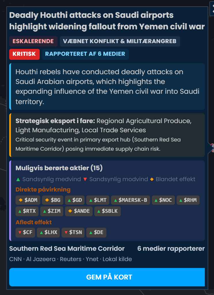 Hændelseskortet i Scribble Maps for dødelige Houthi-angreb på saudiske lufthavne, vurderet som Kritisk og rapporteret af 6 medier, med mulige berørte aktier, hvor RTX, GD og LMT er markeret som Sandsynlig medvind.