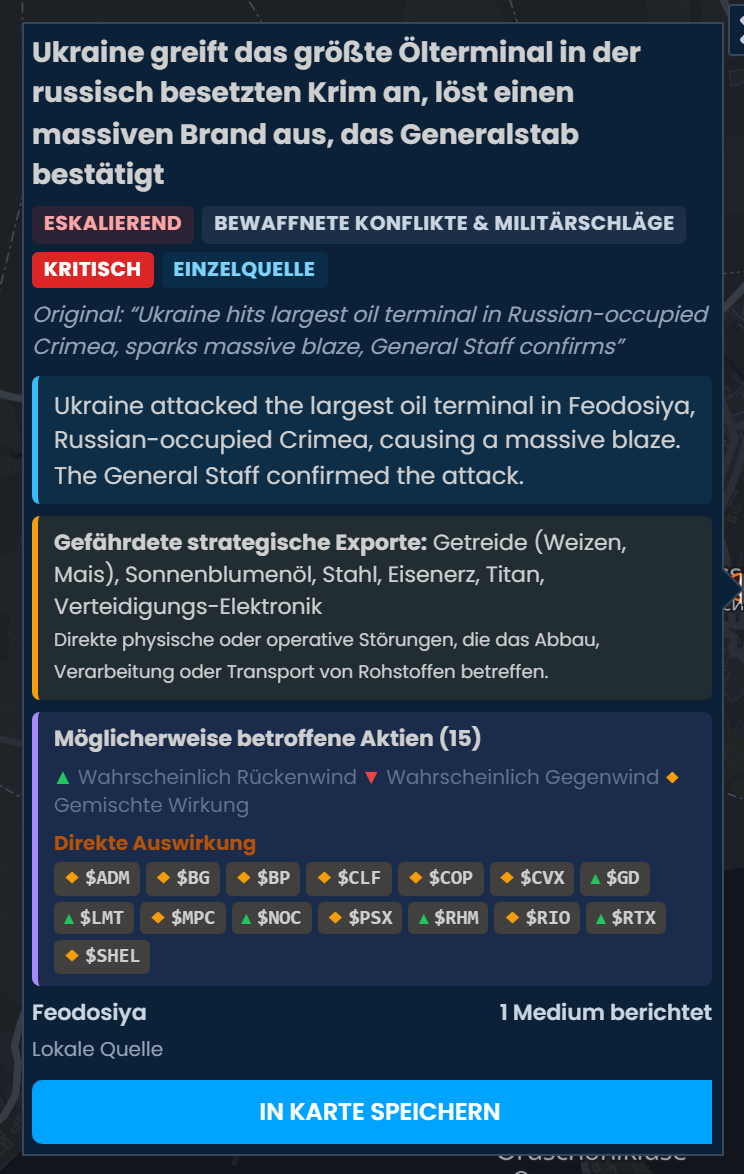 Die Vorfallkarte in Scribble Maps zum Angriff der Ukraine auf das größte Ölterminal der russisch besetzten Krim, als kritisch eingestuft, mit möglicherweise betroffenen Aktien wie MPC, PSX, BP und SHEL, markiert als „Gemischte Wirkung“.