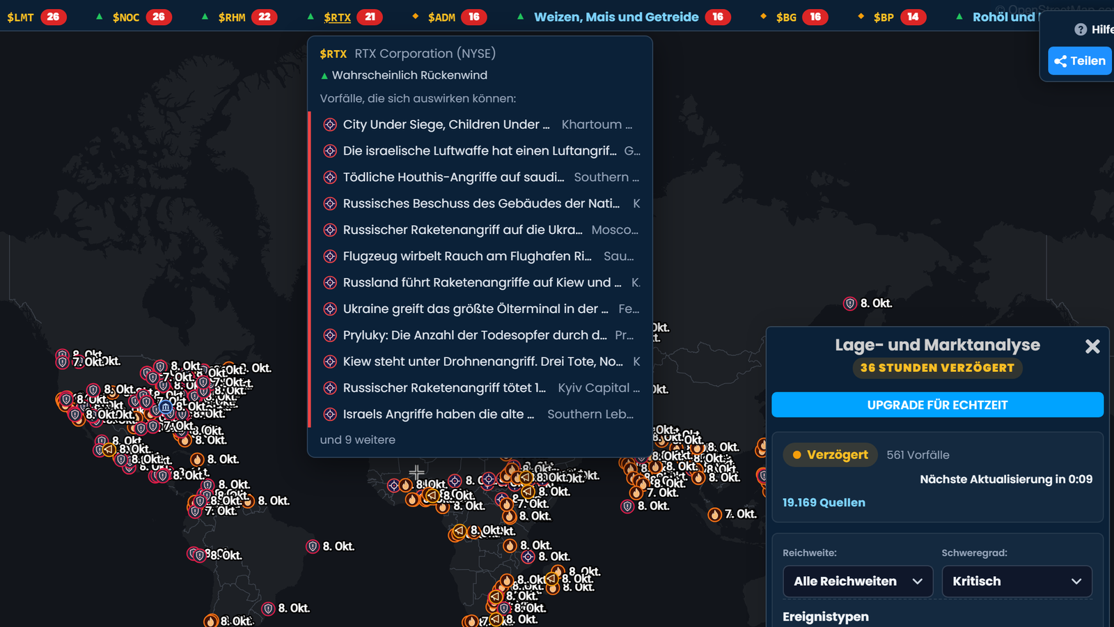 Der Situation-Ticker in Scribble Maps mit geöffneter RTX Corporation, markiert als „Wahrscheinlich Rückenwind“, mit den Vorfällen, die sie beeinflussen können, über einer Weltkarte mit Vorfällen und dem Situation-Bereich mit dem Hinweis „36 Stunden verzögert“.