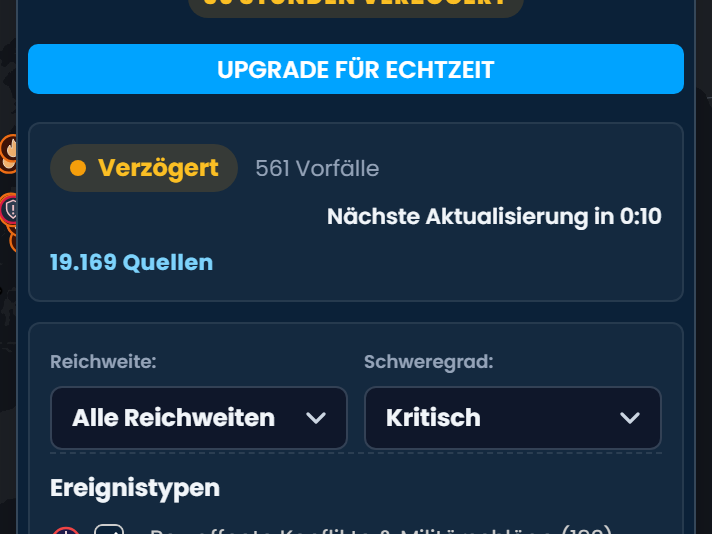 Der Bereich „Lage- und Marktanalyse“ in Scribble Maps mit dem Hinweis „36 Stunden verzögert“, der Schaltfläche „Upgrade für Echtzeit“, der Zahl der Vorfälle und Quellen sowie Filtern für Reichweite, Schweregrad und Ereignistyp.