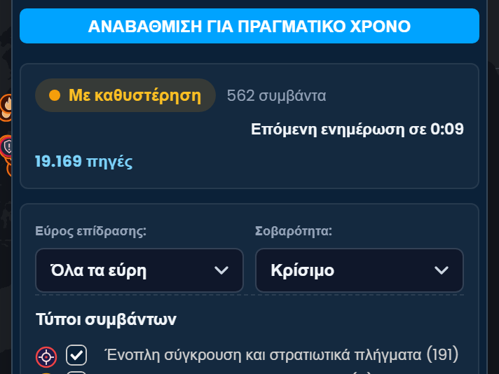 Το πάνελ Πληροφόρηση κατάστασης και αγορών στο Scribble Maps με την ένδειξη Καθυστέρηση 36 ωρών, με το κουμπί Αναβάθμιση για πραγματικό χρόνο, τον αριθμό συμβάντων και πηγών και φίλτρα για εύρος επίδρασης, σοβαρότητα και τύπο συμβάντος.