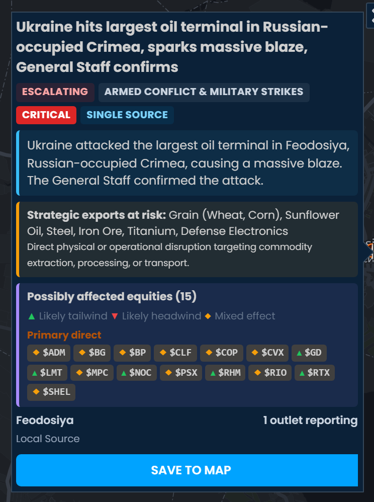 The Scribble Maps incident card for Ukraine hits largest oil terminal in Russian-occupied Crimea, rated critical, listing possibly affected equities including MPC, PSX, BP, and SHEL marked as a mixed effect.