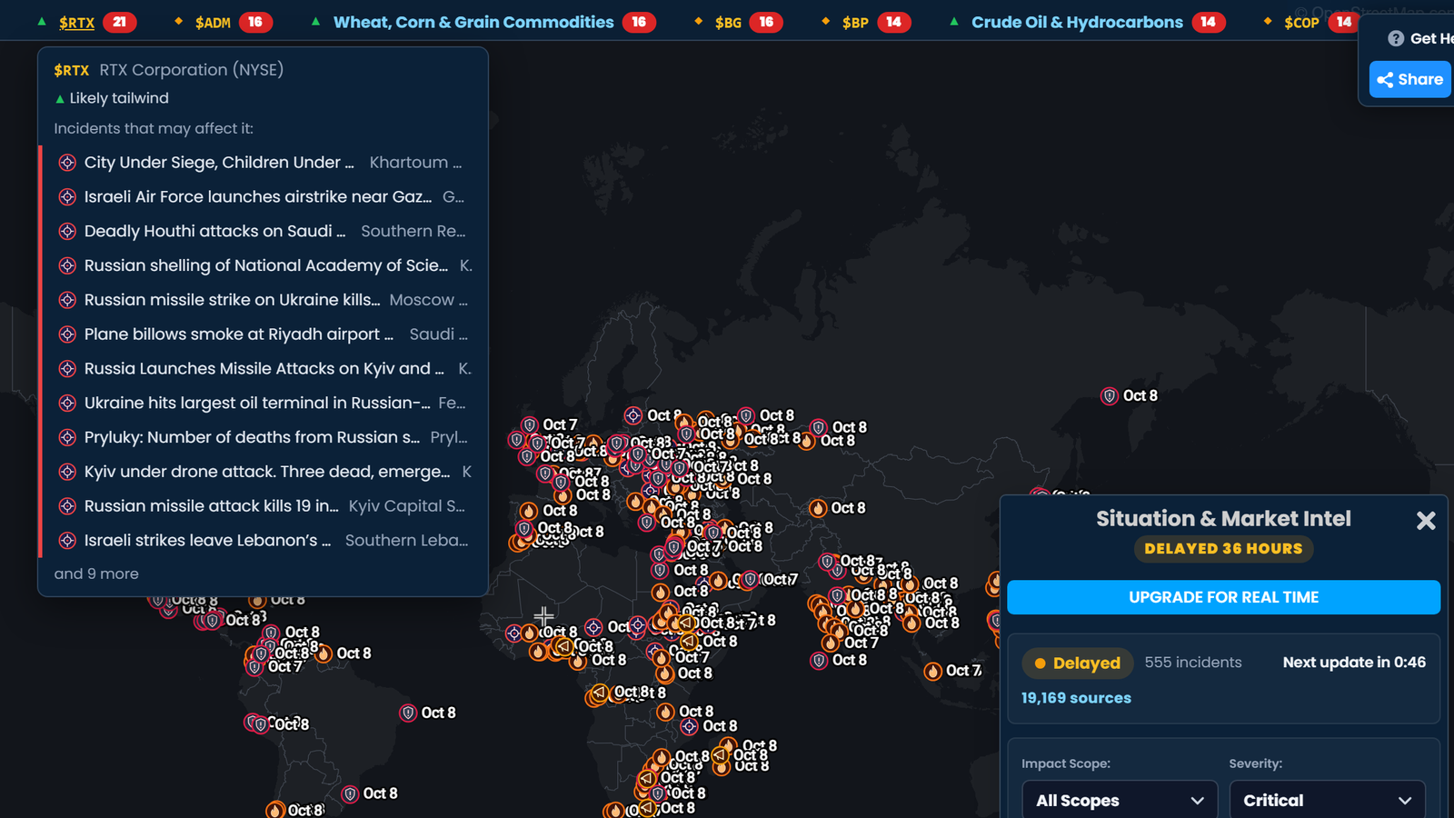 The Scribble Maps Situation ticker with RTX Corporation open, marked as a likely tailwind, listing the incidents that may affect it, above a world map of incidents and the Situation panel marked Delayed 36 hours.