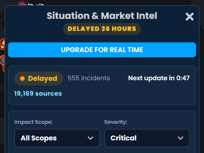 The Situation & Market Intel panel in Scribble Maps marked Delayed 36 hours, with an Upgrade for real time button, the incident and source counts, and filters for impact scope, severity, and event type.