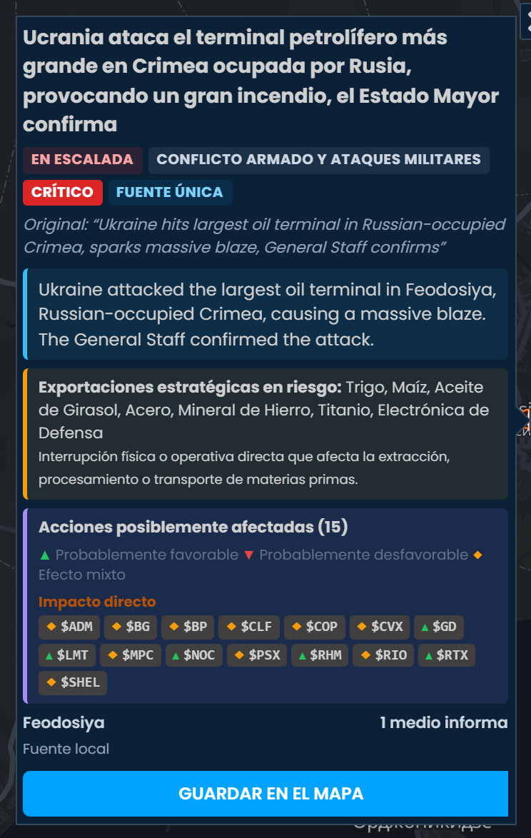 La tarjeta de incidente de Scribble Maps sobre el ataque de Ucrania a la mayor terminal petrolera de la Crimea ocupada por Rusia, calificada como crítica, con las acciones posiblemente afectadas, entre ellas MPC, PSX, BP y SHEL, marcadas como «Efecto mixto».