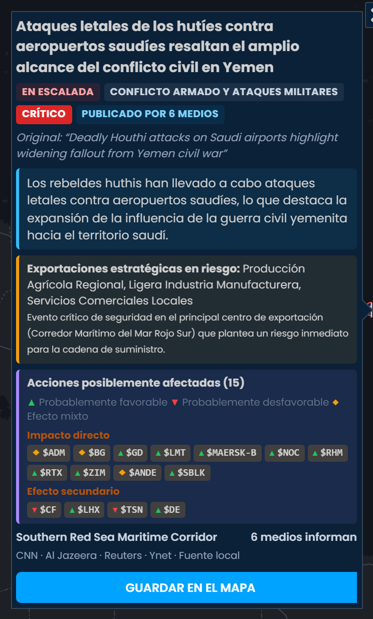 La tarjeta de incidente de Scribble Maps sobre ataques hutíes mortales contra aeropuertos saudíes, calificada como crítica y publicada por 6 medios, con las acciones posiblemente afectadas y RTX, GD y LMT marcadas como «Probablemente favorable».