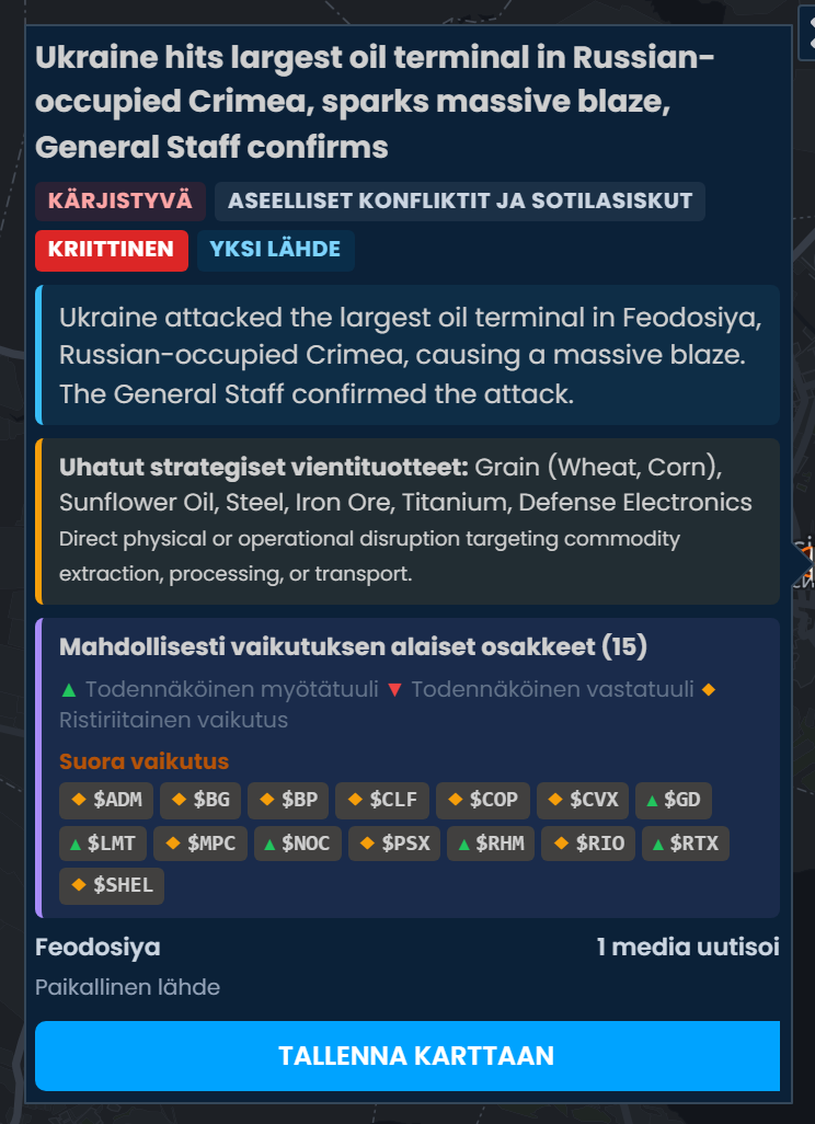 Scribble Mapsin tapahtumakortti Ukrainan iskusta Venäjän miehittämän Krimin suurimpaan öljyterminaaliin, luokiteltu kriittiseksi, sekä luettelo mahdollisesti vaikutuksen alaisista osakkeista, kuten MPC, PSX, BP ja SHEL, merkittyinä ristiriitaiseksi vaikutukseksi.