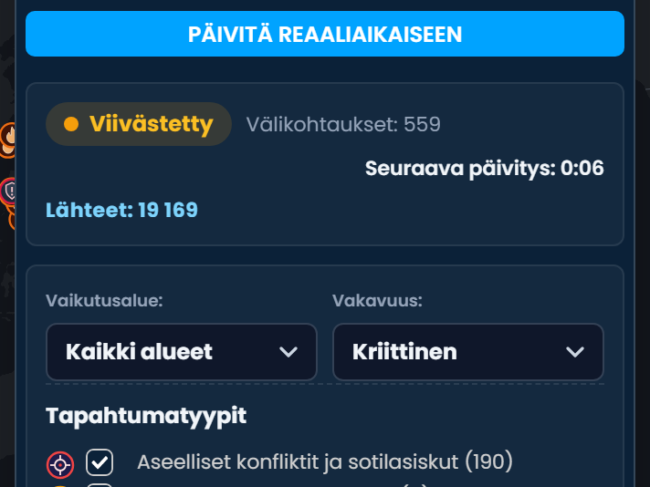 Tilanne- ja markkinatiedustelu-paneeli Scribble Mapsissa merkinnällä 36 tunnin viive, Päivitä reaaliaikaiseen -painike, tapahtumien ja lähteiden määrät sekä suodattimet vaikutusalueelle, vakavuudelle ja tapahtumatyypille.
