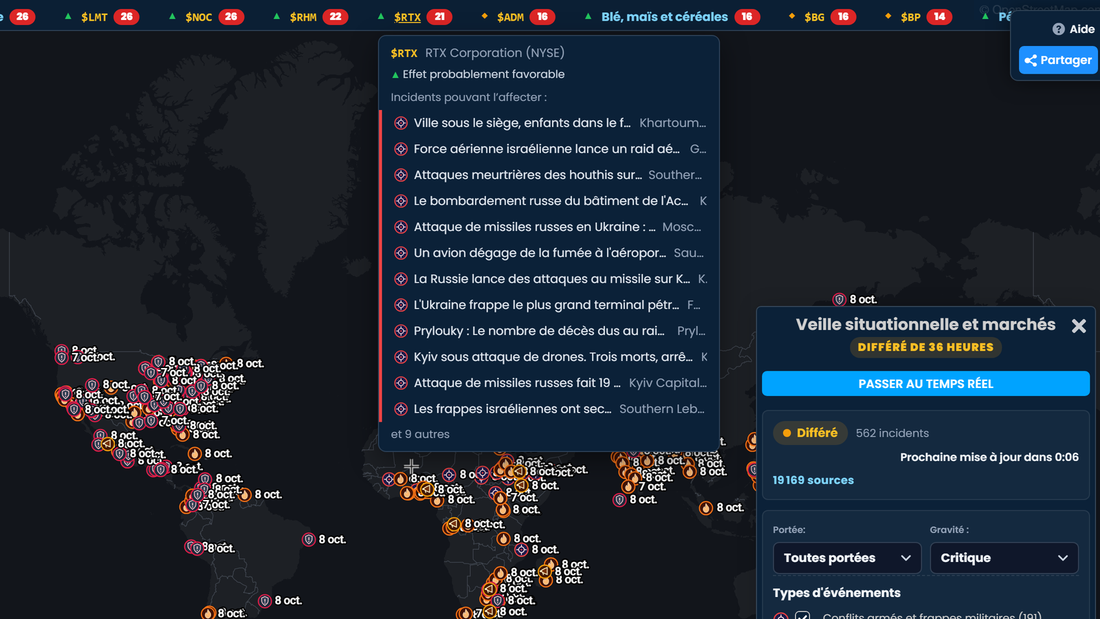 Le ticker Situation de Scribble Maps avec RTX Corporation ouvert, marqué « Effet probablement favorable », listant les incidents qui peuvent l'affecter, au-dessus d'une carte du monde des incidents et du panneau Situation marqué « Différé de 36 heures ».