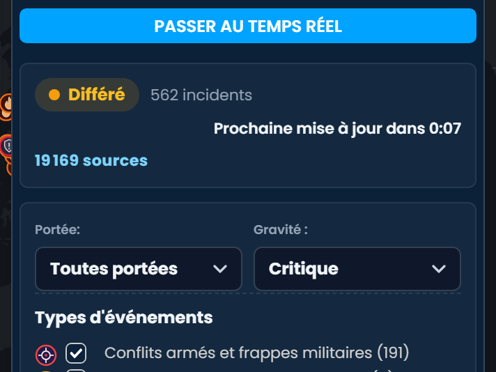 Le panneau Veille situationnelle et marchés de Scribble Maps marqué « Différé de 36 heures », avec un bouton « Passer au temps réel », le nombre d'incidents et de sources, et des filtres de portée, de gravité et de type d'événement.