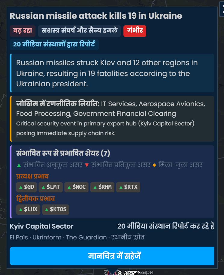Scribble Maps का घटना कार्ड: रूसी मिसाइल हमले में यूक्रेन में 19 लोगों की मौत, गंभीर रेटिंग, 20 समाचार स्रोतों द्वारा रिपोर्ट किया गया, जिसमें GD, LMT, NOC, RHM और RTX को संभावित अनुकूल असर के रूप में दिखाया गया है।