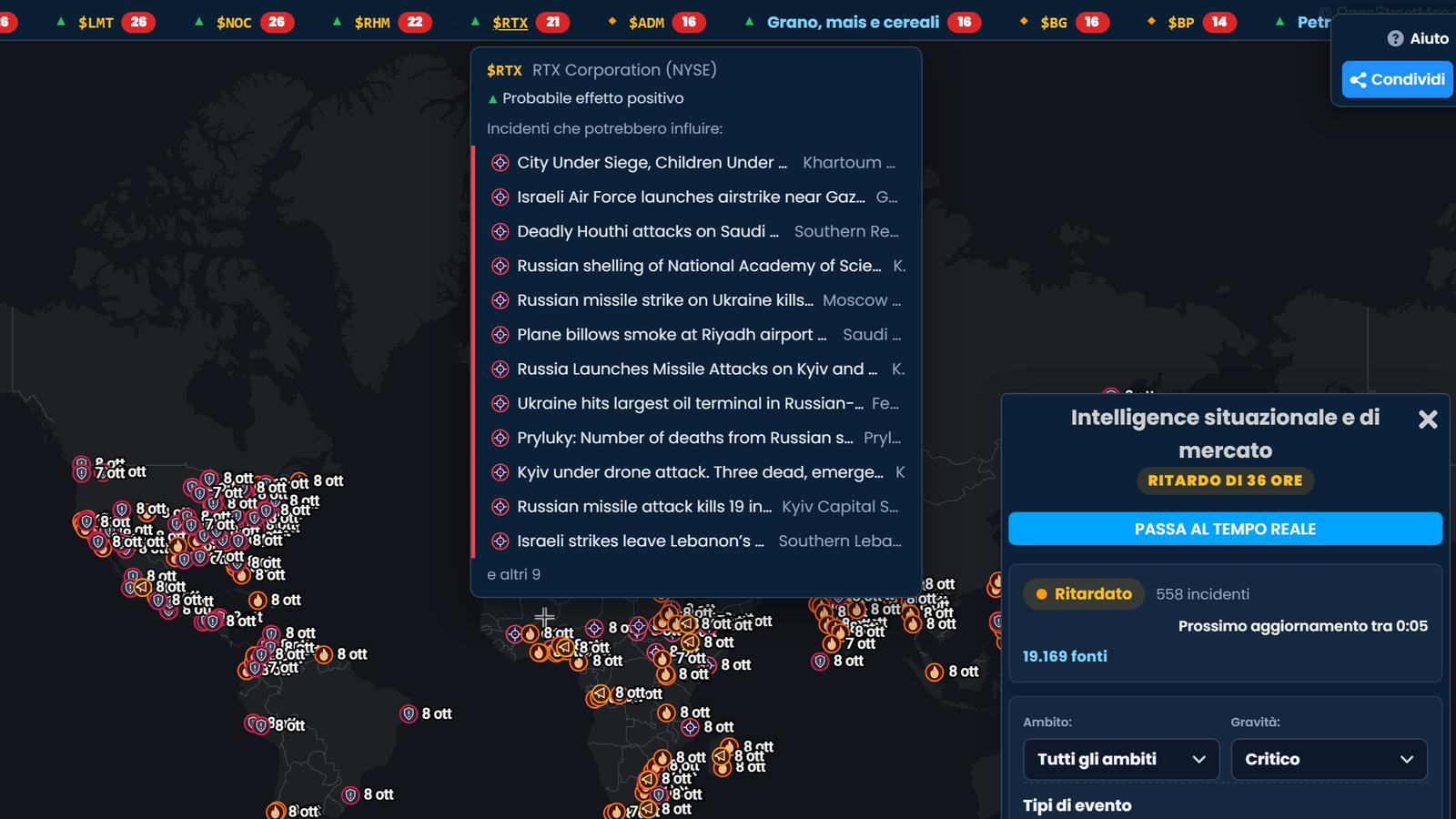 Il ticker Situazione di Scribble Maps con RTX Corporation aperta, segnata come «Probabile effetto positivo», con l'elenco degli incidenti che possono influenzarla, sopra una mappa mondiale degli incidenti e il pannello Situazione con la dicitura «Ritardo di 36 ore».